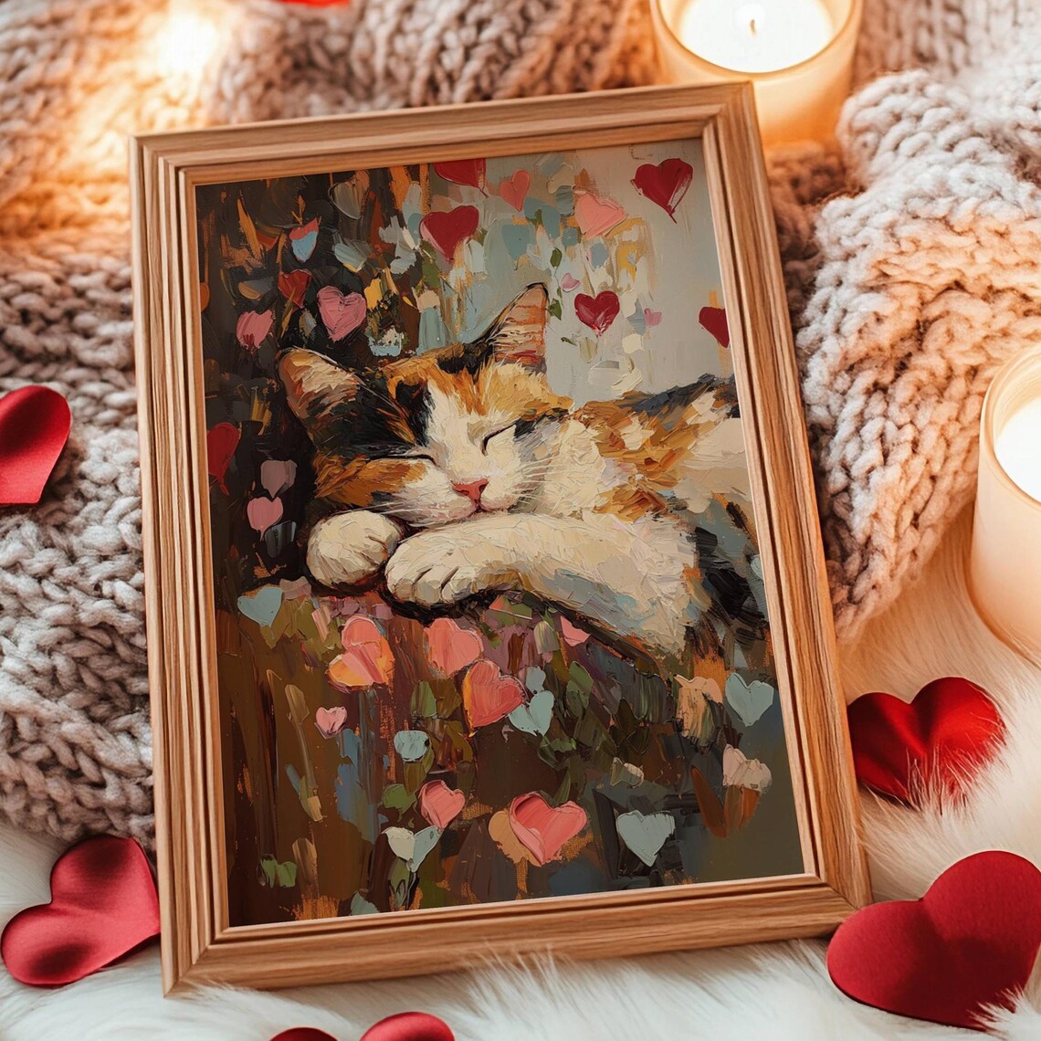 Calico Cat Valentine Print, Rustic Farmhouse Cat