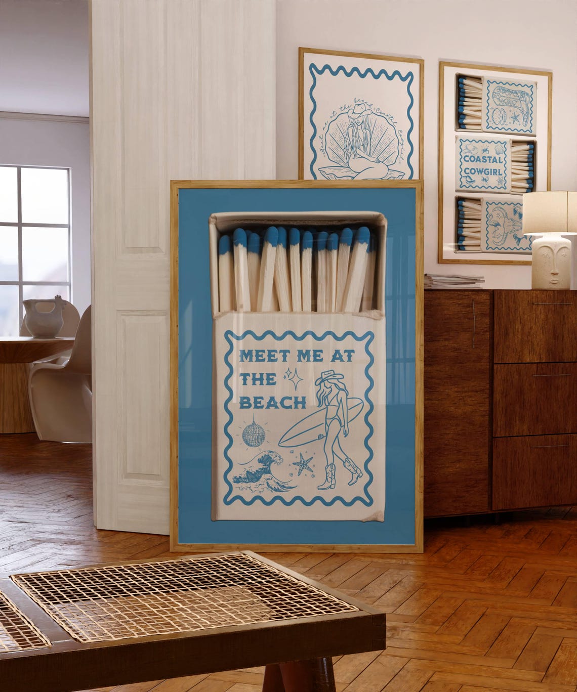 Meet Me At The Beach Retro Matchbox Cowgirl Wave Starfish Art Poster