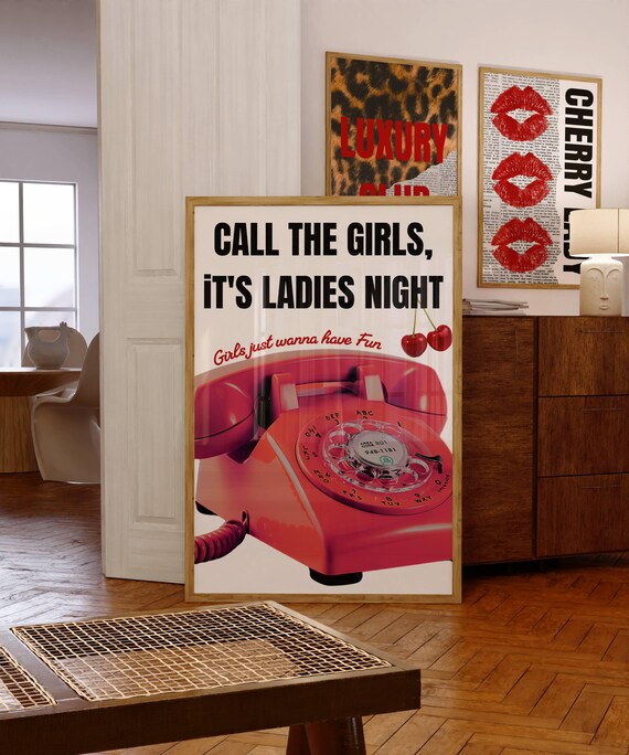 Call the Girls Ladies Night Retro Red Phone Poster Fun Decor