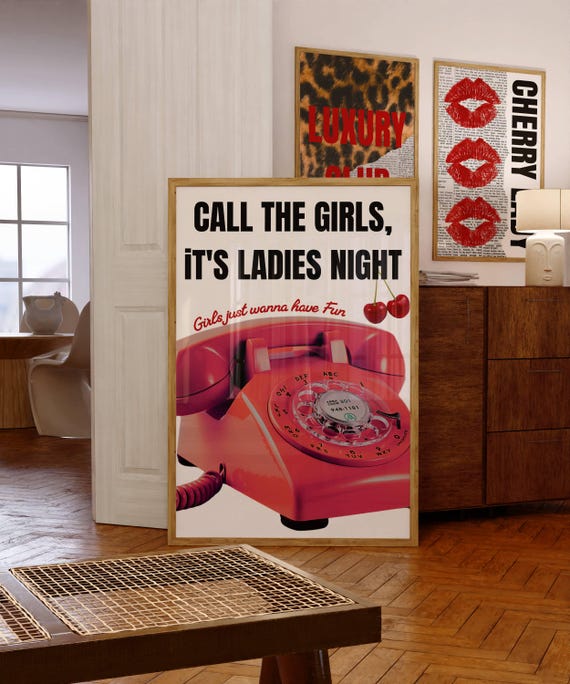 Retro Girly Print Cherry Poster Red Wall Art 70s Decor Trendy Vintage Color Funky For Apartment