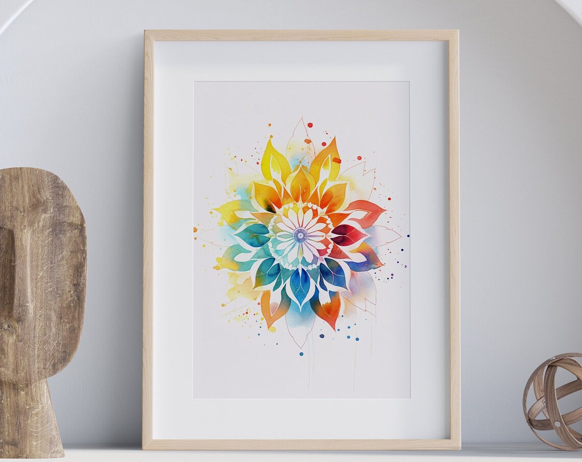 Rainbow Watercolor Mandala Flower Colorful Chakra Yoga Poster