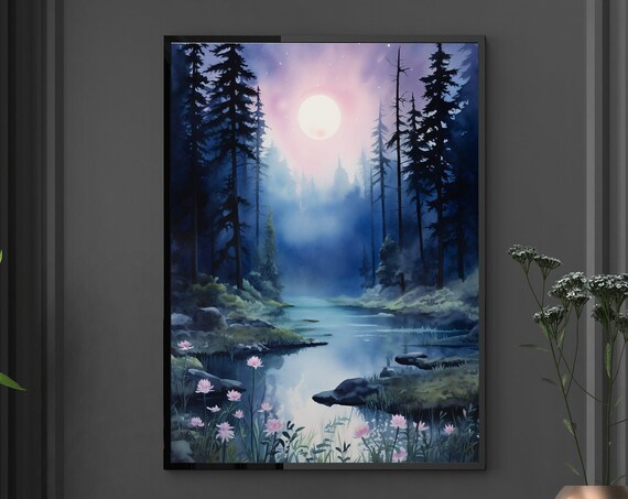 Moonlit Lake Pine Forest Watercolor Painting Poster with Pink Wildflowers