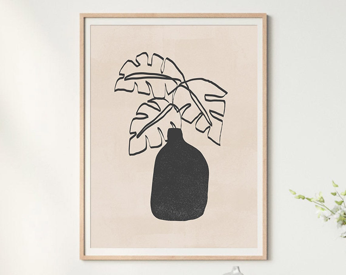 Black Vase with Monstera Leaves Line Art Beige Botanical Poster
