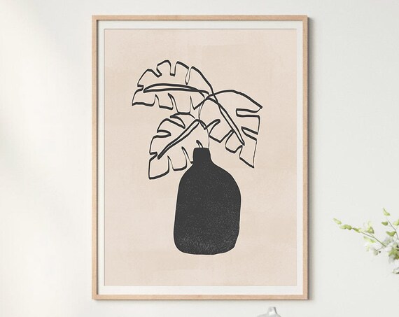 Living Room Art Beige Black Print Fresh Decor Boho Decor Abstract Print Monstera Wall Art Wall Art Line Art Decor Artwork