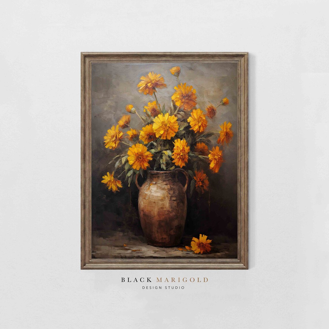 Golden Marigolds in a Rustic Clay Vase Moody Vintage Art Poster