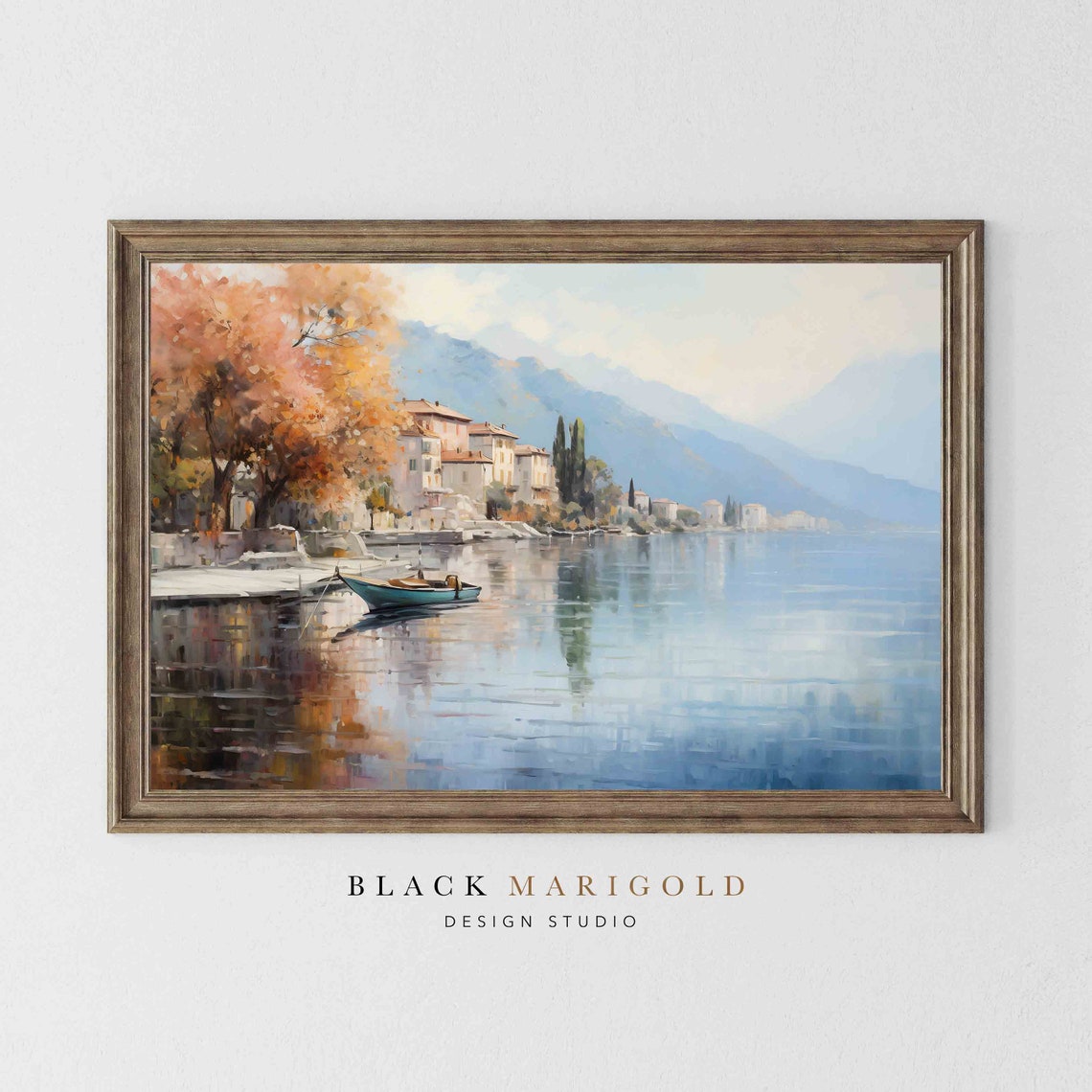 Quiet Lakeside Village With a Sailboat in Autumn Light Wall Art