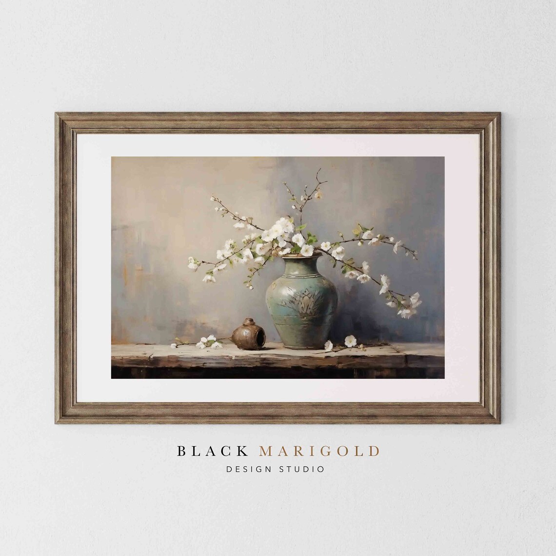 White Petals And Jade Vintage Oil Painting Art Print - Image 2