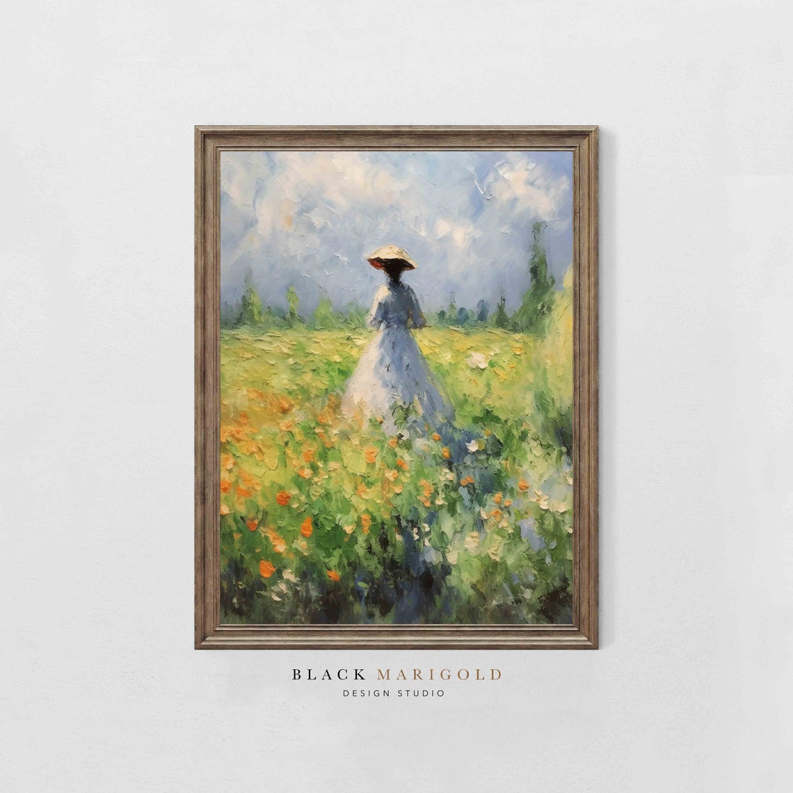 Woman in White Dress Walking Through Wildflower Meadow Poster
