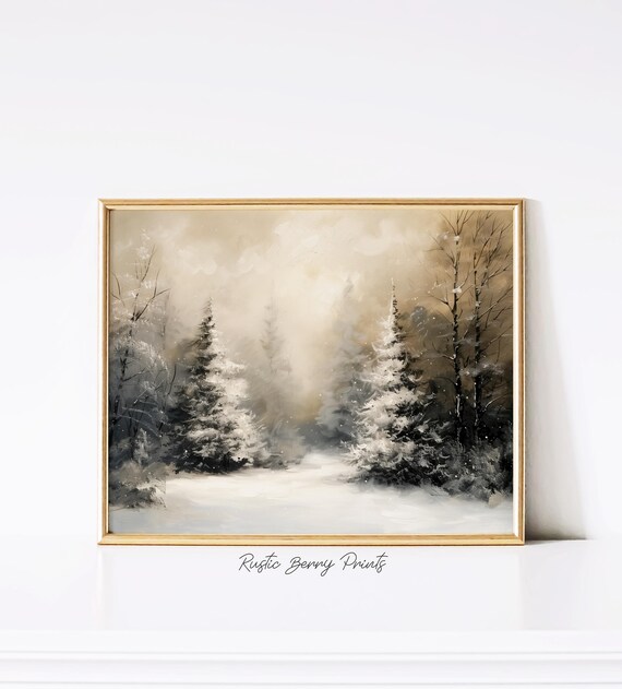 Moody Winter Forest Art Print Wall Art Holiday Poster Vintage Print Christmas Decor