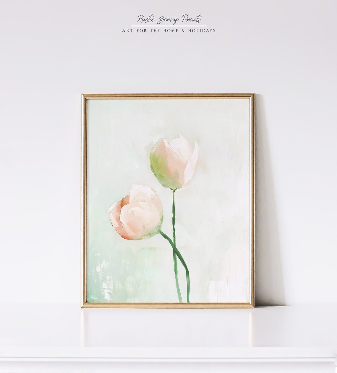 Two Blush Tulips On Pale Green Minimalist Floral Painting Wall Art