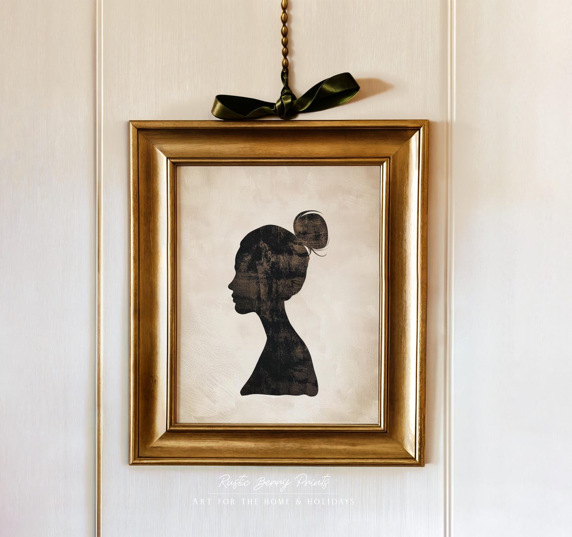 Antique Woman Silhouette Profile Portrait Black Beige Classic Wall Art