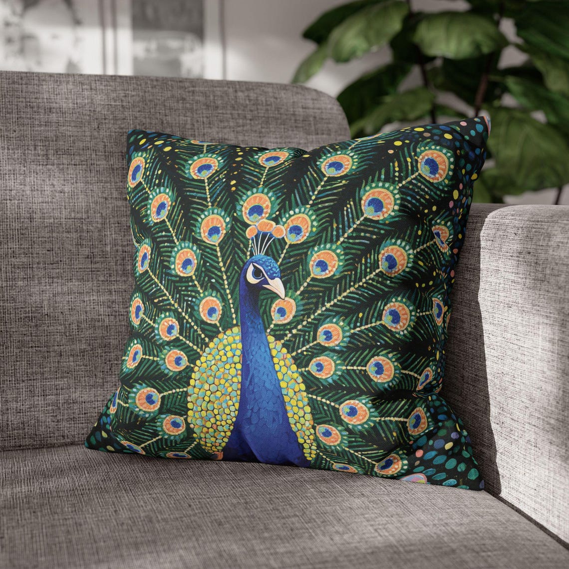 Colorful Peacock Feather Pattern Boho Throw Pillow Cover Print