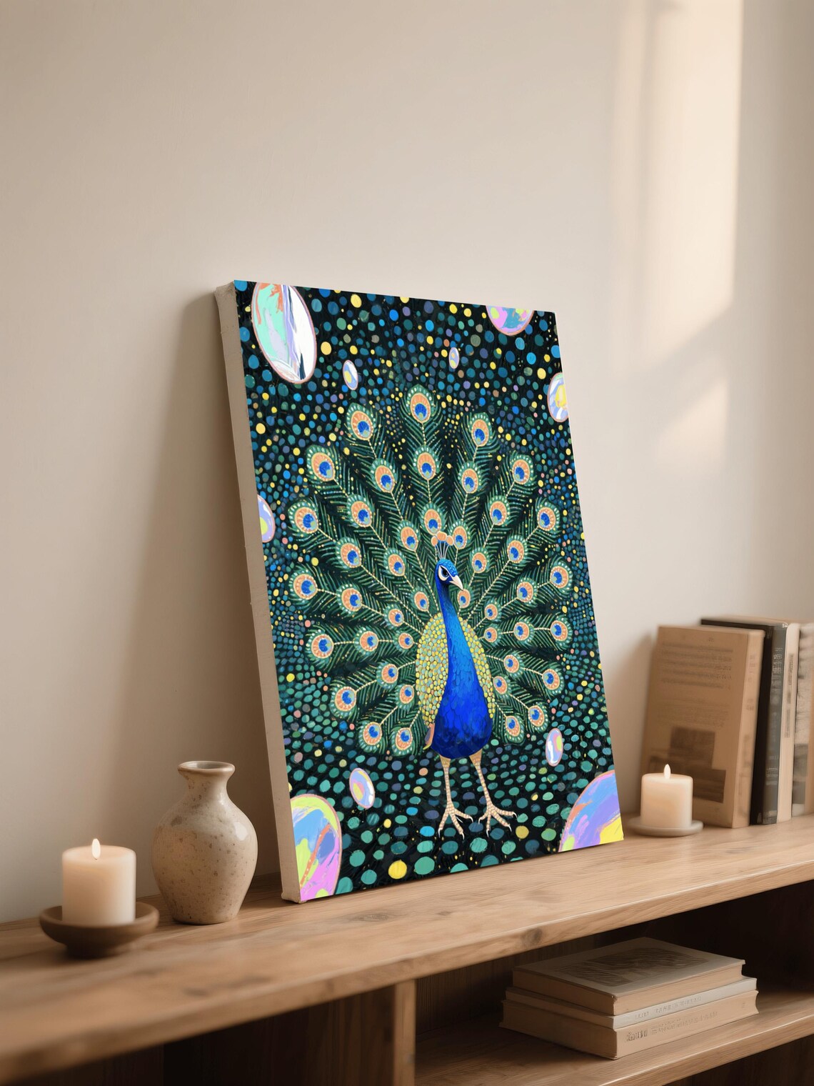 Peacock Dot Art Painting Colorful Bird Portrait Canvas Print