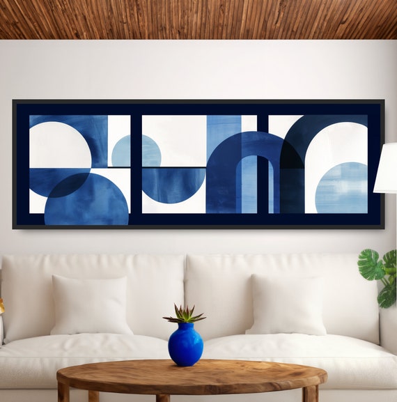 Abstract Geometric Watercolor Painting Minimalist Monochromatic Blue White Modern Art Simple Indigo Navy Circles Arches Shapes Artwork