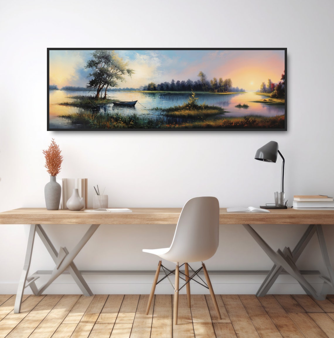Serene Lake Sunset Rowboat Painting Pastel Sky Tranquil Wall Poster - Image 2