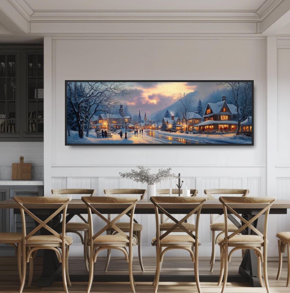 Snow Covered Town Church Spires Lamplight Dusk Winter Scene Poster - Image 3