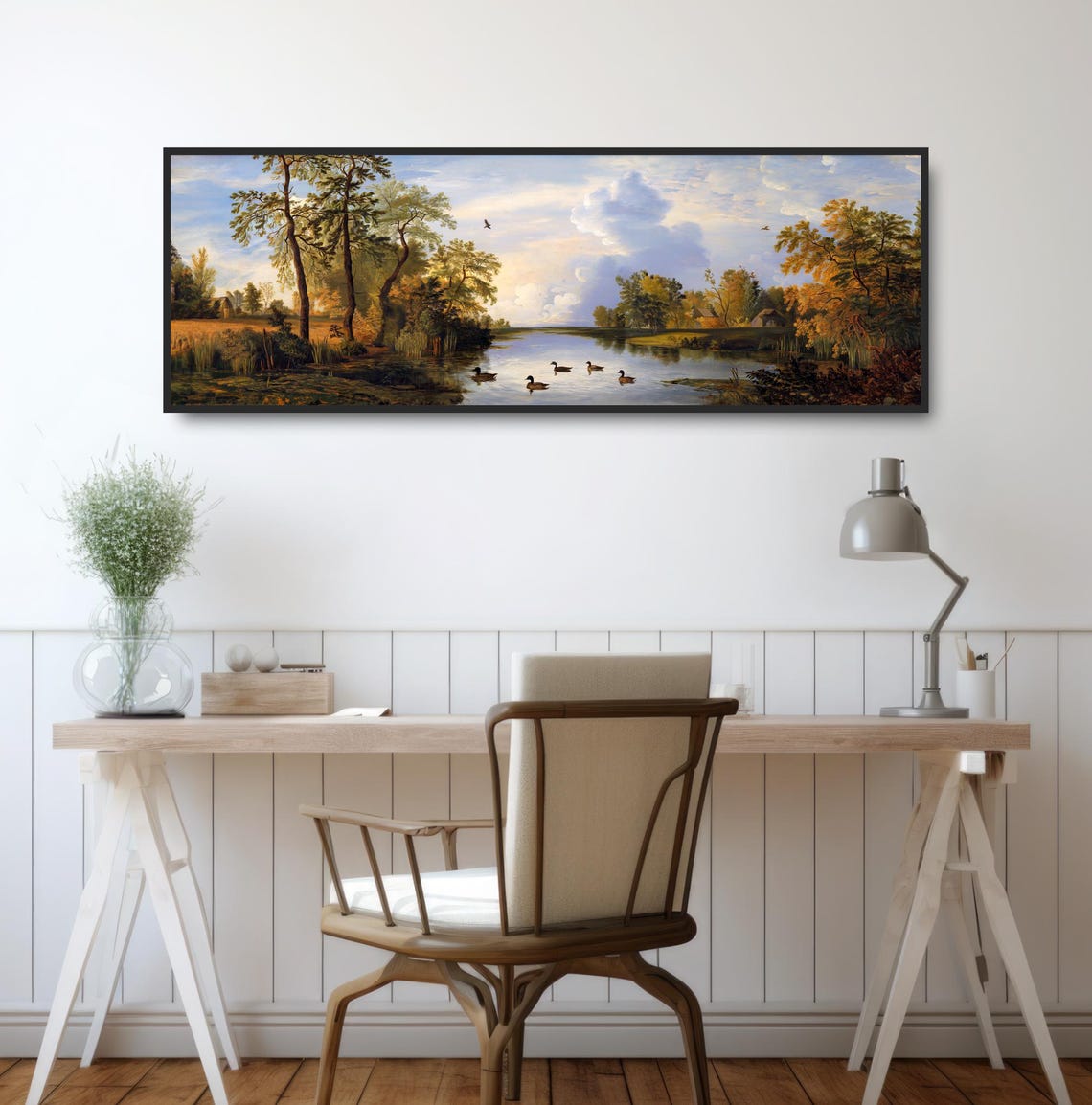 Rustic Duck Pond Autumn Morning Painting Tranquil Lake Cottage Print - Image 2