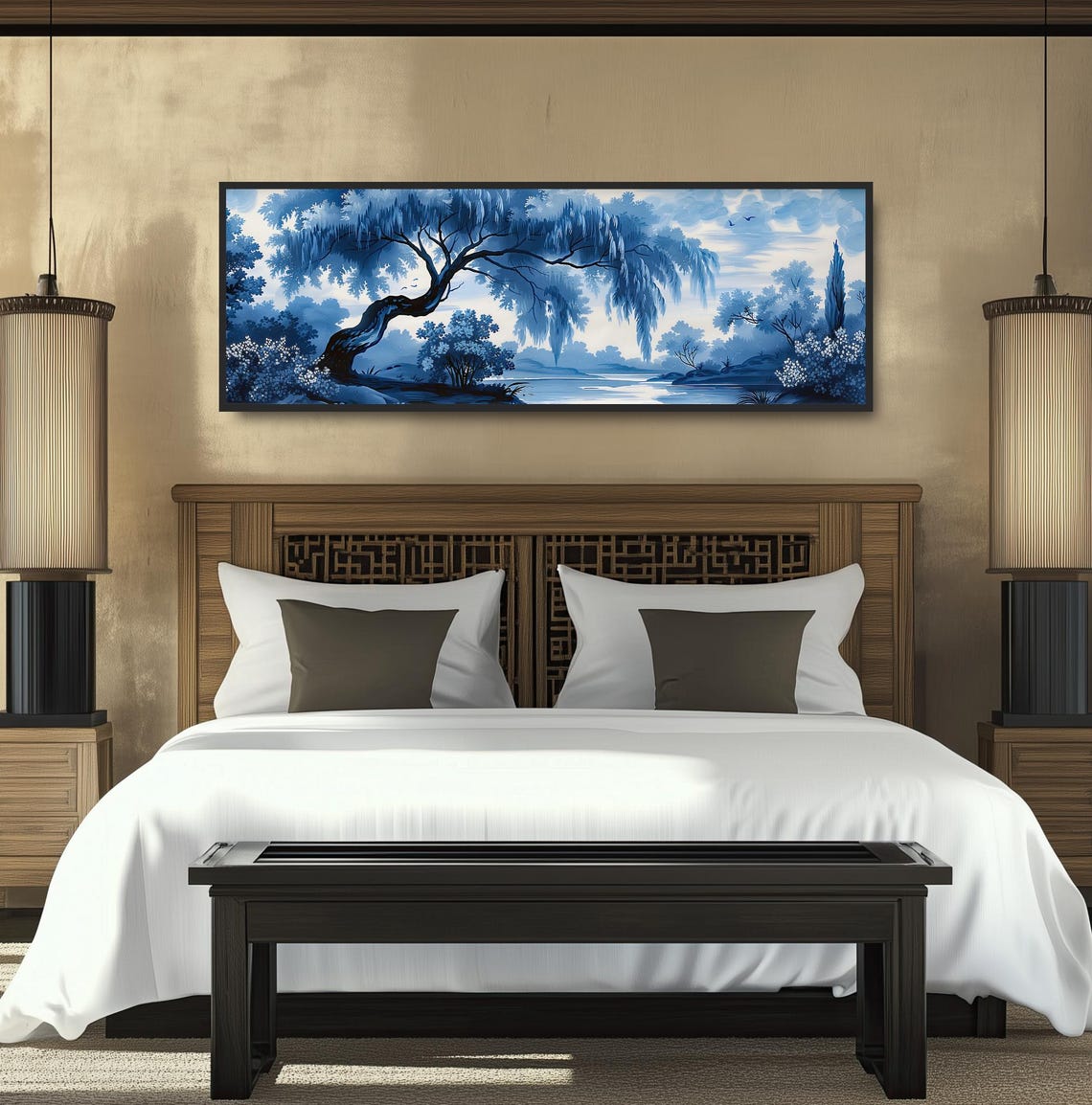 Misty Blue Lake Willow Painting Chinoiserie Panoramic Morning Print - Image 4