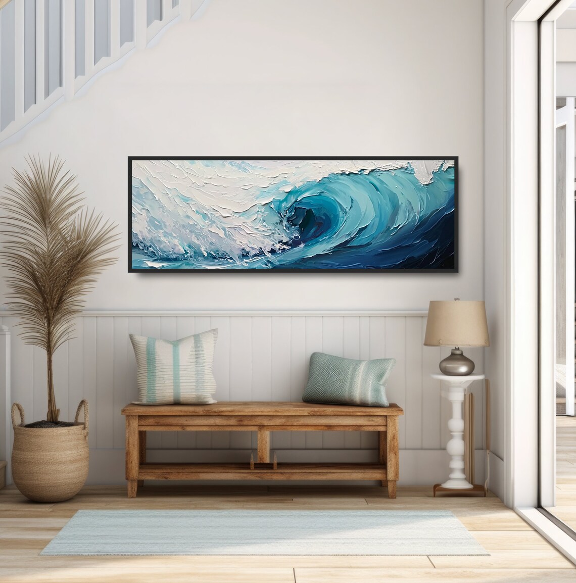 Blue Wave Curl Panoramic Beach House Art Print - Image 3