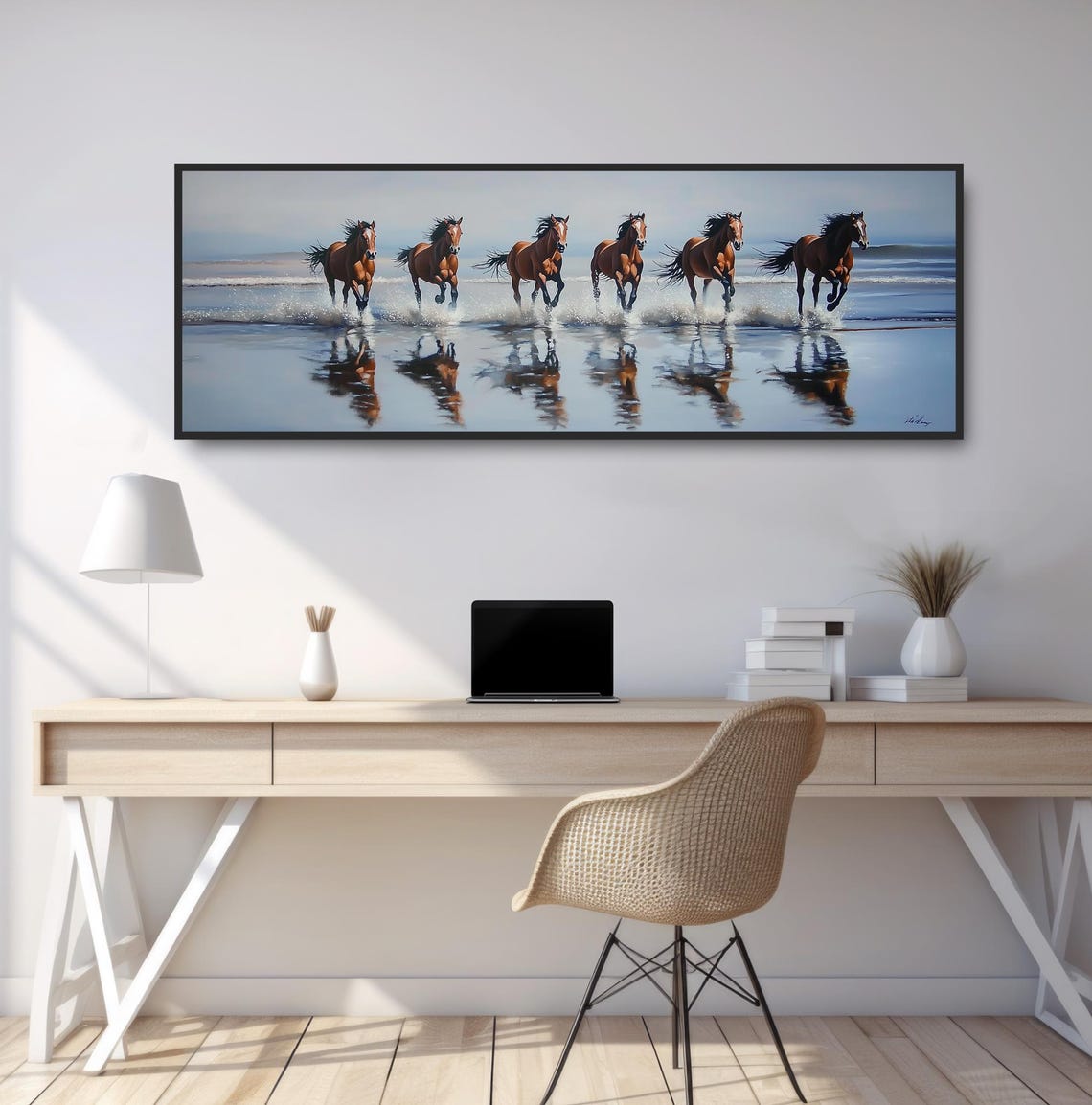 Six Wild Horses Galloping Ocean Surf Beach Wave Splash Equine Print - Image 2
