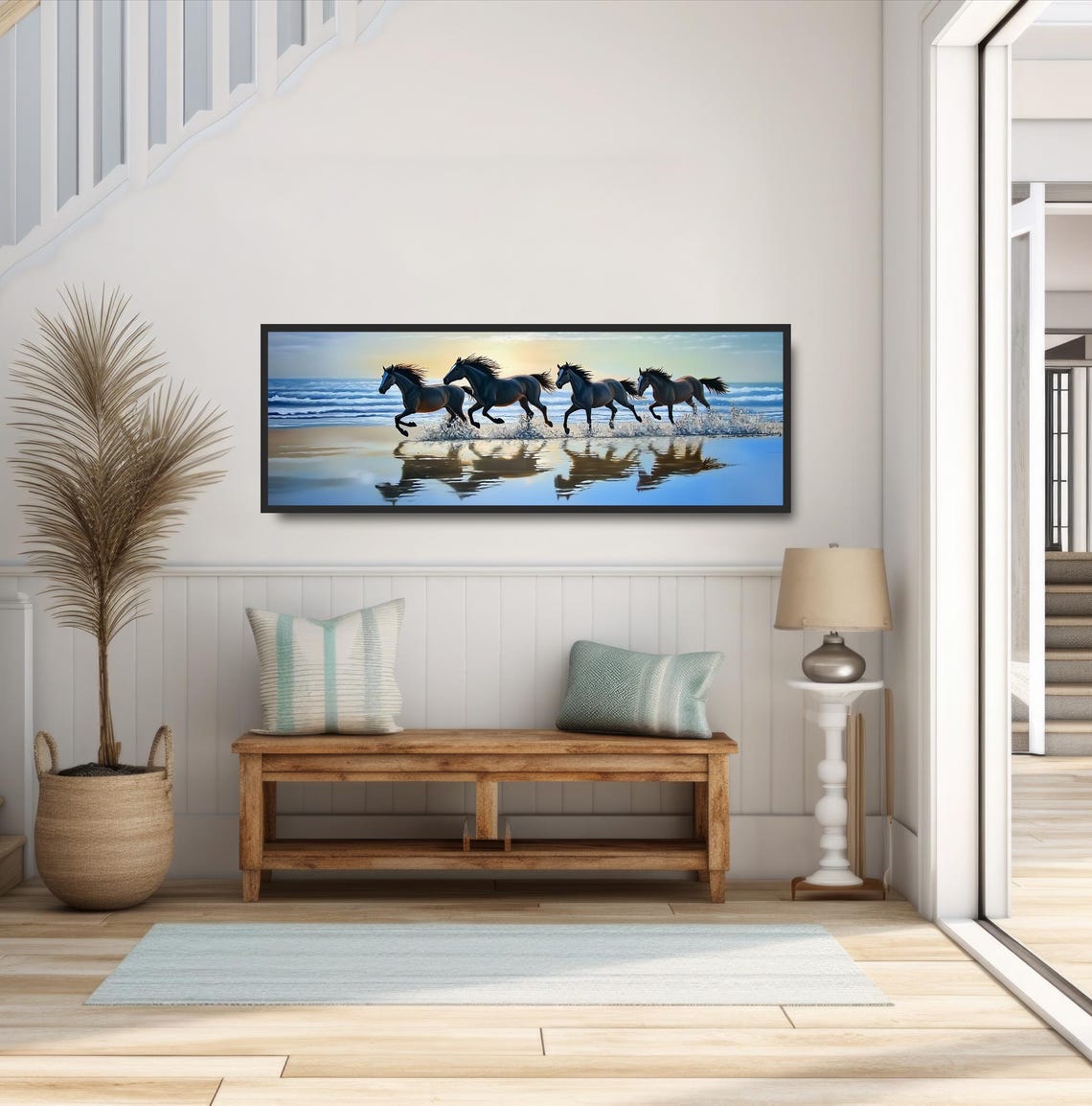 Four Horses Galloping Beach Sunset Ocean Shoreline Equine Print - Image 2