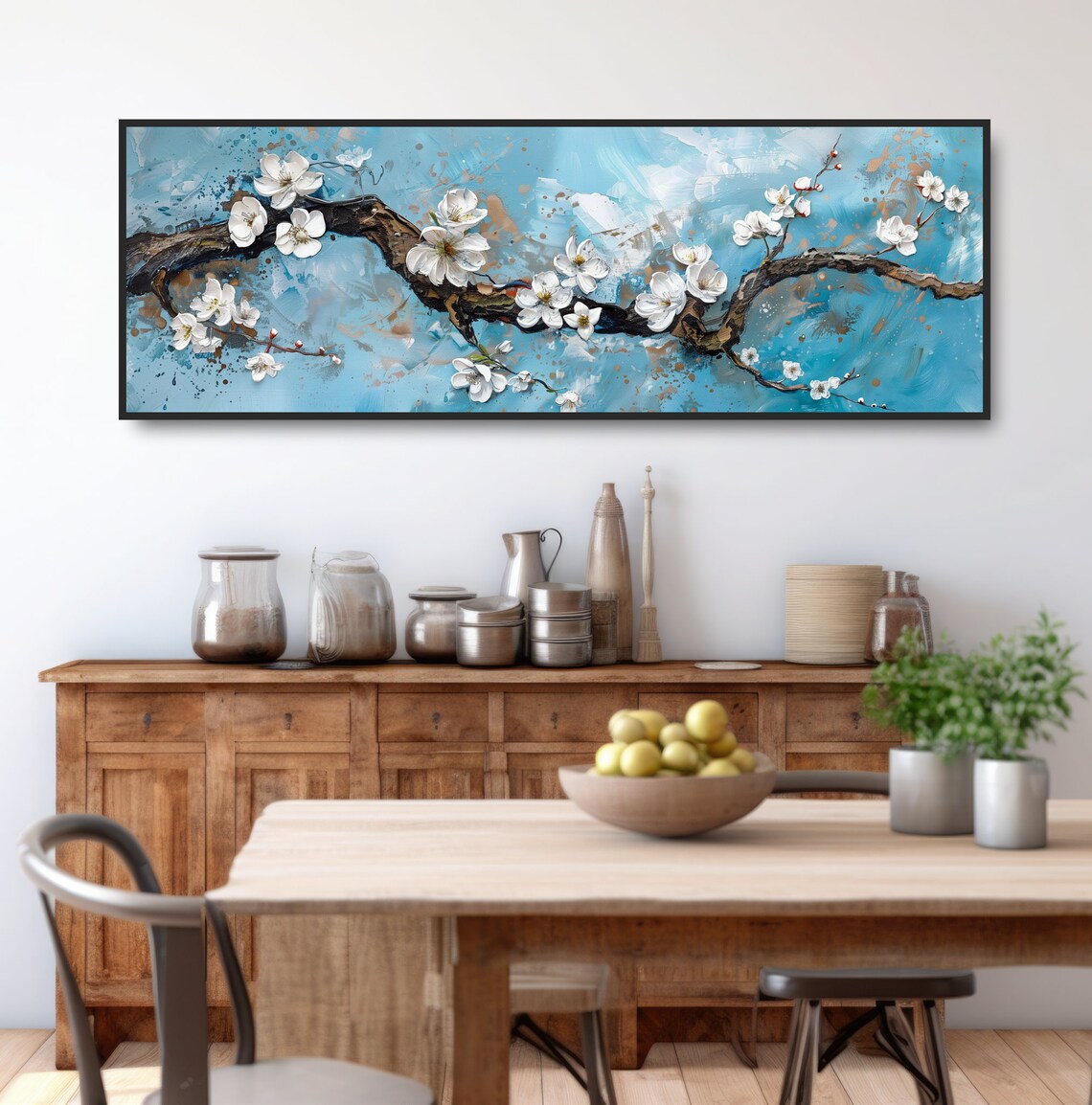 White Cherry Blossom Branch Blue Background Floral Painting Poster - Image 3