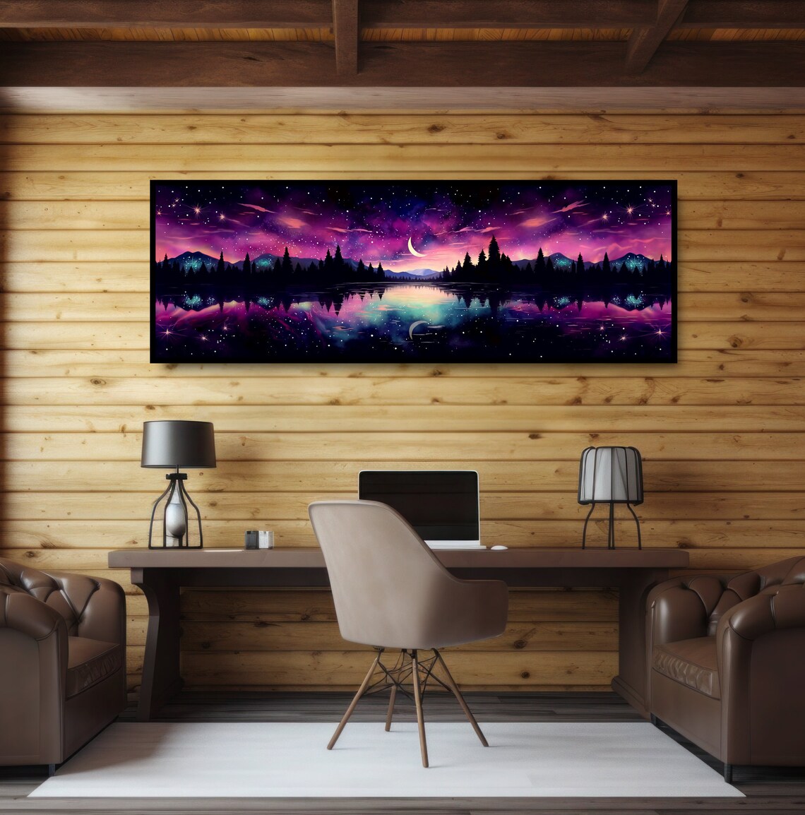 Aurora Borealis Night Lake Landscape Art Print - Image 2