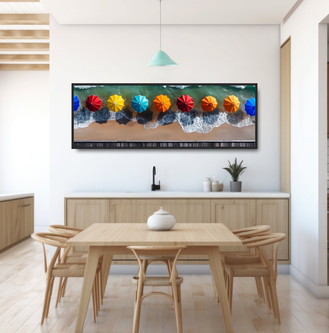 Aerial Colorful Beach Umbrellas Shoreline Waves Birdseye Photo Poster - Image 3