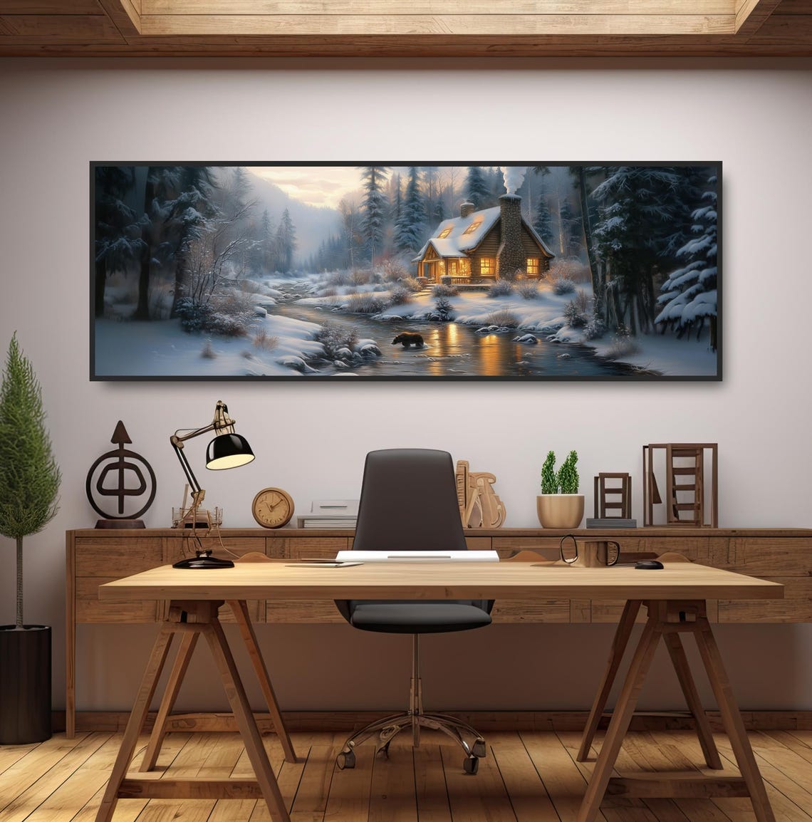 Winter Cabin Bear by Snowy River Mountain Lodge Dusk Landscape Poster - Image 2