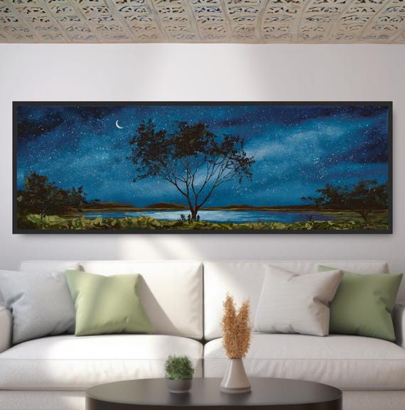 Panoramic Lone Tree Painting Print Starry Night Moonlit Lake Crescent Moon Wall Art Deep Blue Green Artwork Mystical Sky Calm Nature Decor