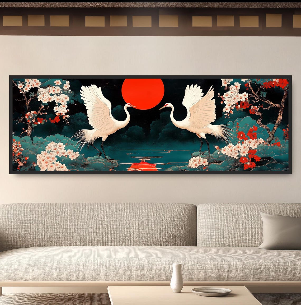 Two Japanese Cranes Rising Red Sun Cherry Blossom Lake Wall Print
