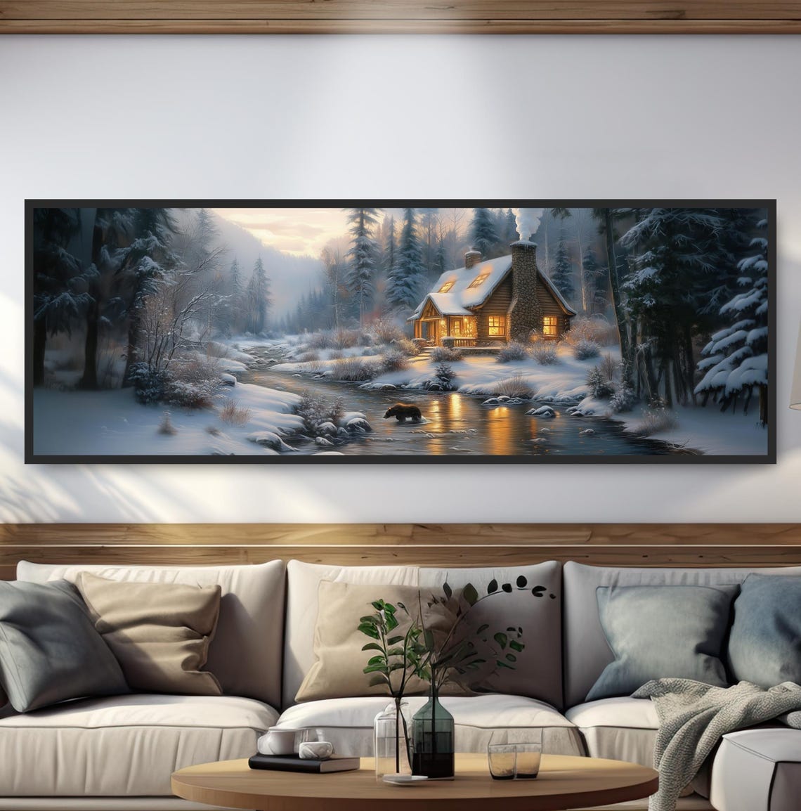 Winter Cabin Bear by Snowy River Mountain Lodge Dusk Landscape Poster