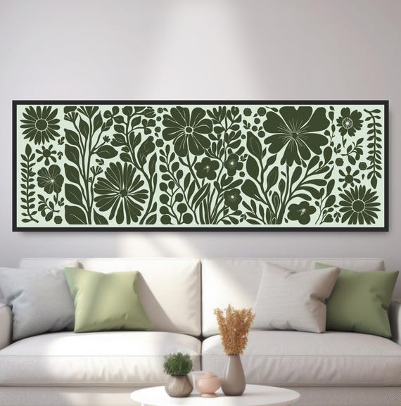 Abstract Geometric Flowers Green Minimalist Botanical Floral Print Wall Art Midcentury Boho Wall Decor Neutral Panoramic Nature