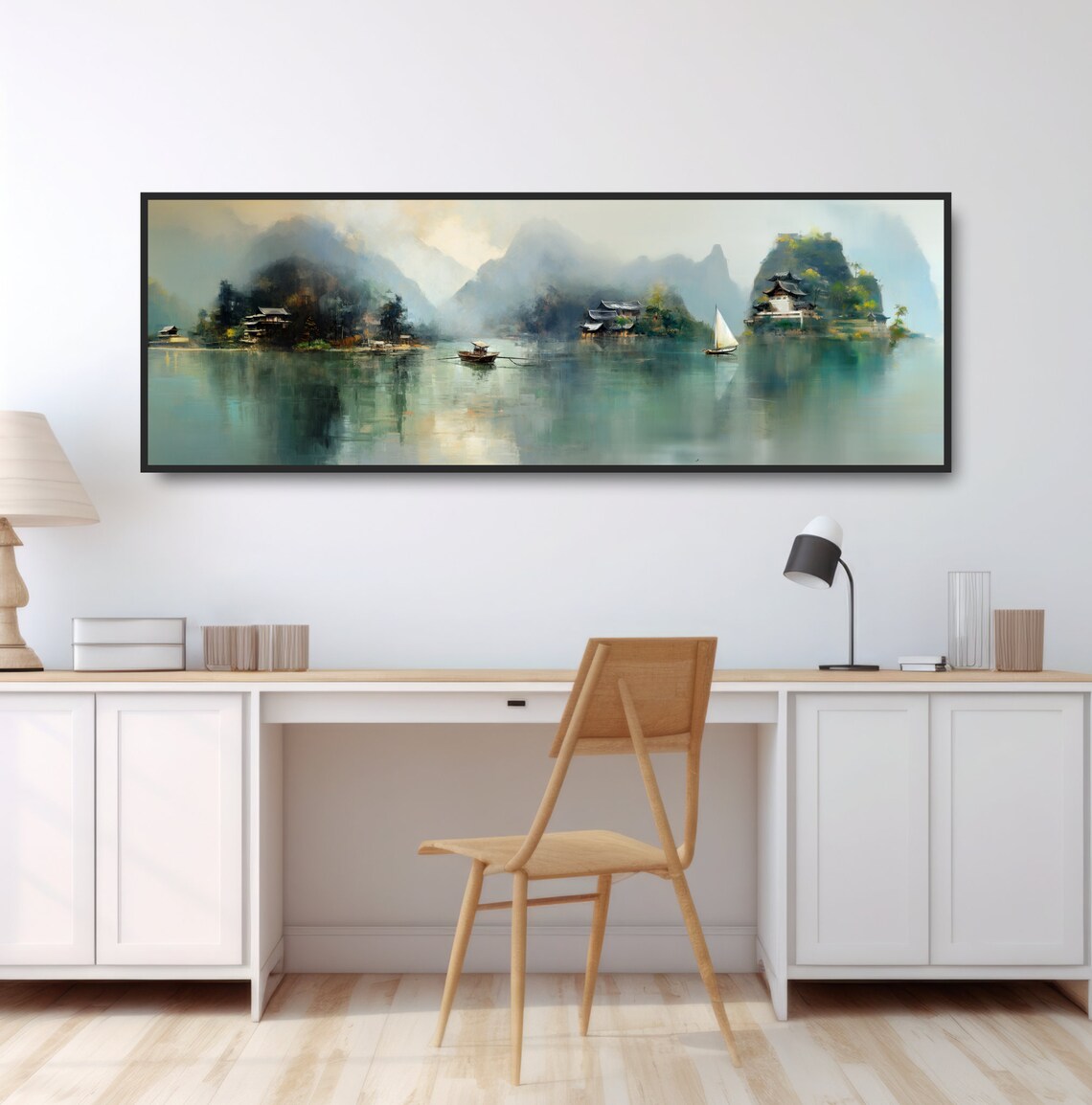 Boats on an Asian Lake, Mountain Island Homes Art Print - Image 3