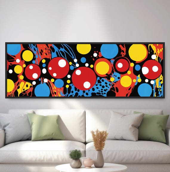 Bold Abstract Circle Modern Painting Print Primary Color Wall Art Colorful Contemporary Decor Red Yellow Blue Midcentury Panoramic
