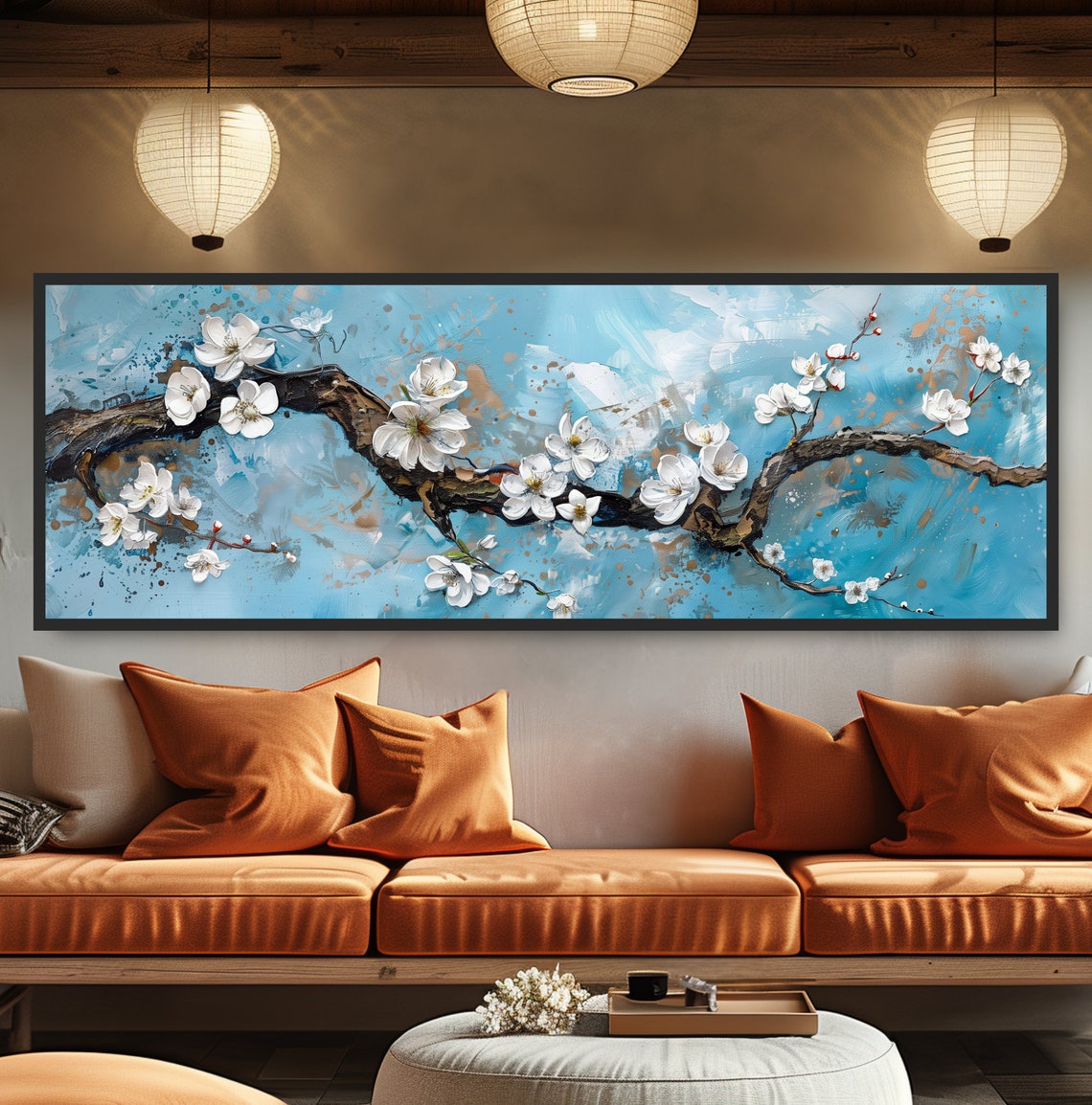 White Cherry Blossom Branch Blue Background Floral Painting Poster