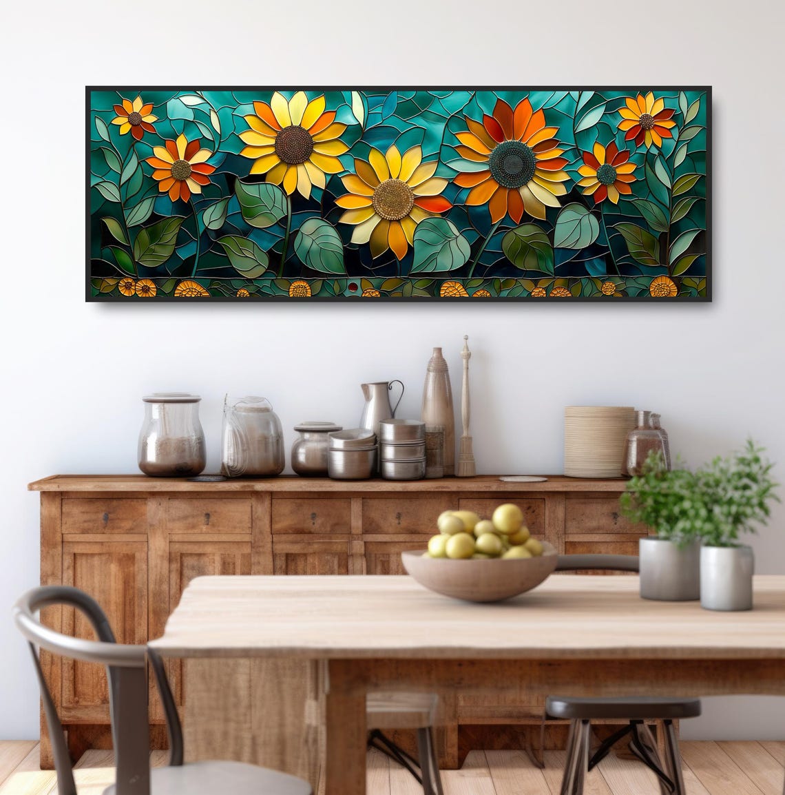 Stained Glass Style Sunflowers Teal Background Mosaic Art Poster - Image 3