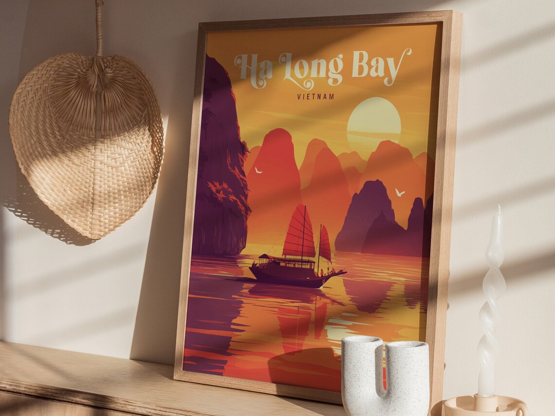 Ha Long Bay Vietnam Golden Sunset Junk Boat Vintage Travel Poster - Image 2