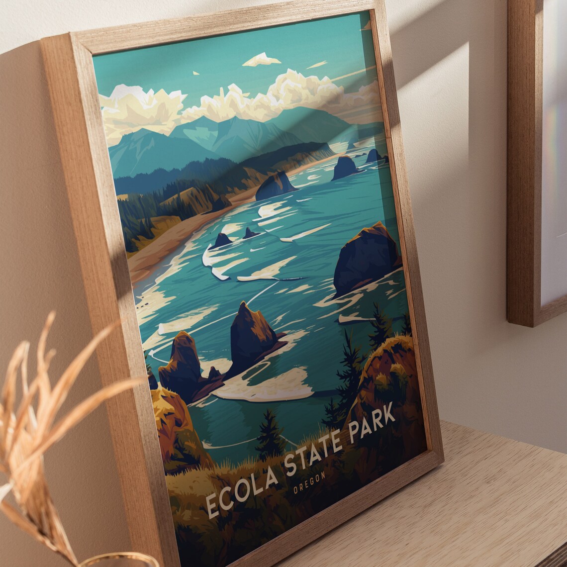 Ecola State Park Oregon Rocky Coast Vintage Travel Poster Illustration - Image 2
