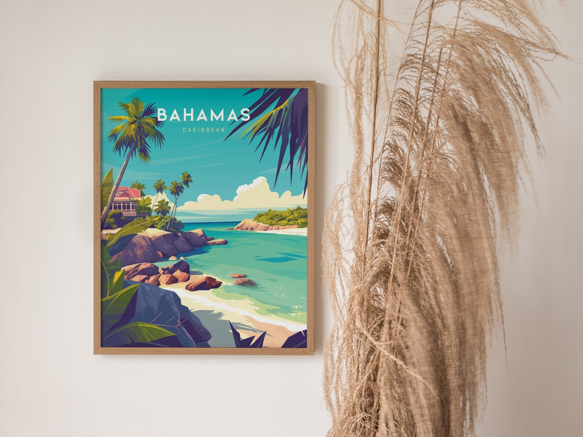 Bahamas Caribbean Tropical Beach Palm Tree Vintage Travel Poster - Image 3