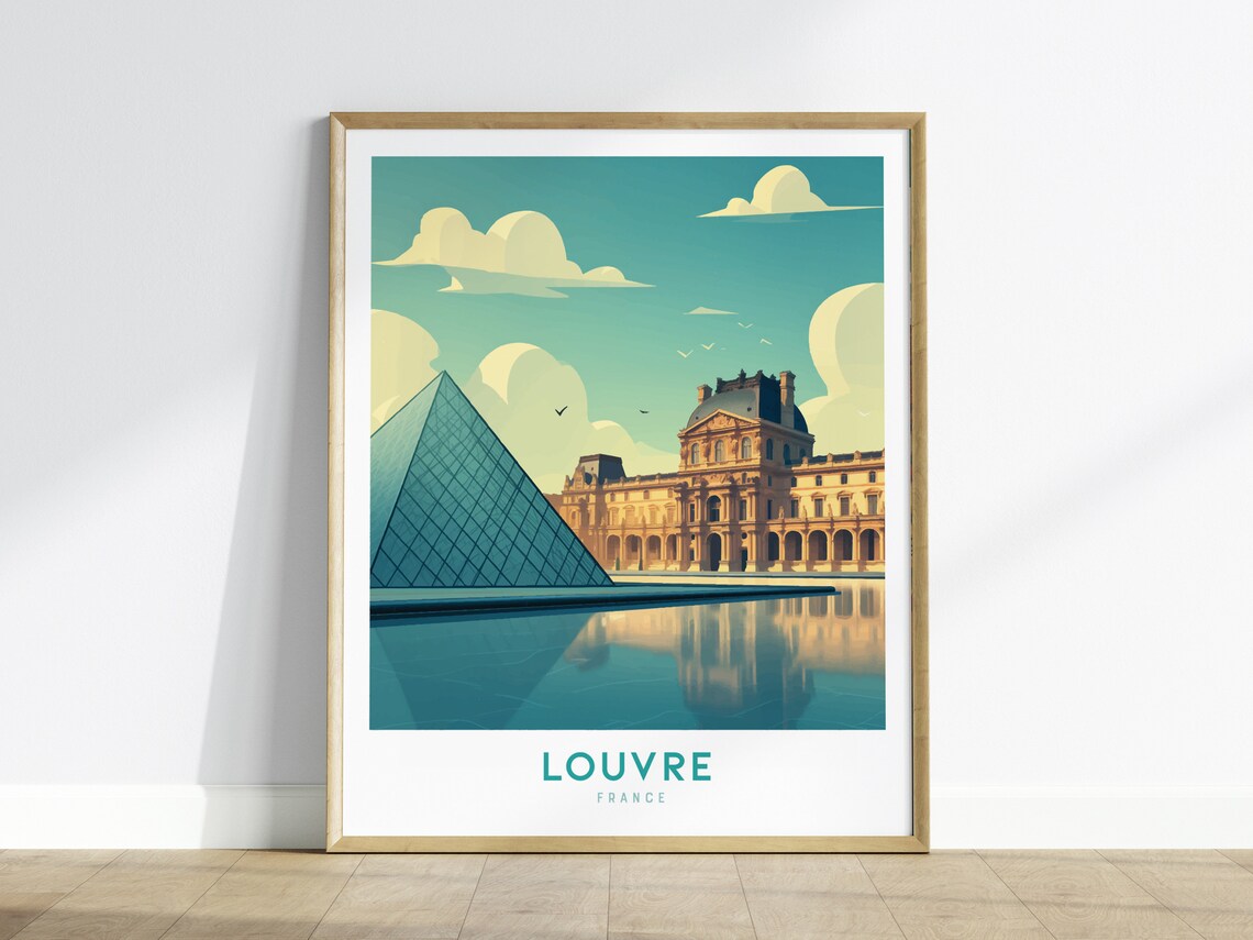 Louvre Museum France Glass Pyramid Palace Vintage Travel Poster