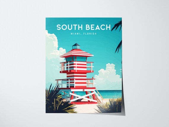 South Beach Miami Florida Lifeguard Tower Vintage Travel Poster