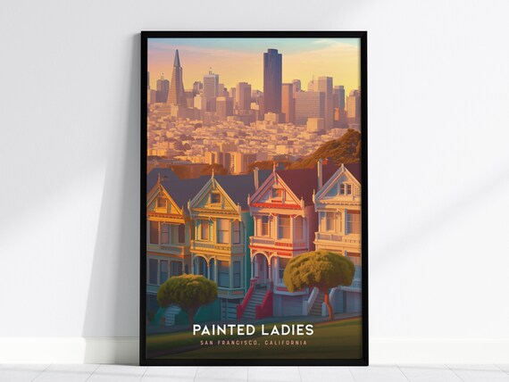Painted Ladies San Francisco Victorian Homes Skyline Sunset Travel Poster