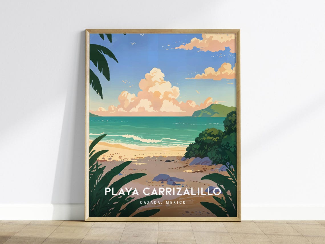 Playa Carrizalillo Oaxaca Mexico Beach Palm Fronds Travel Poster