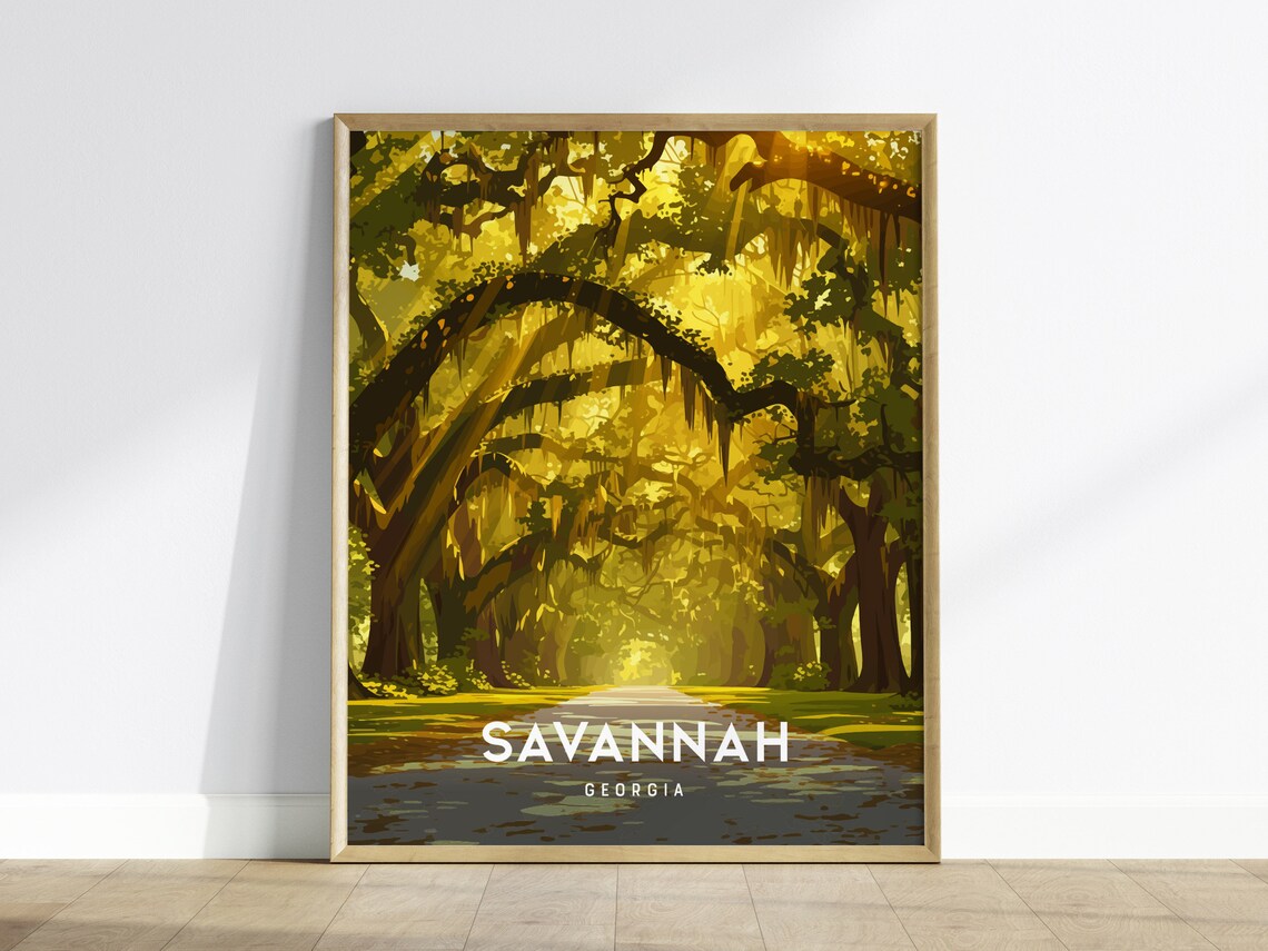 Savannah Georgia Print, Southern Oak Trees Travel Poster