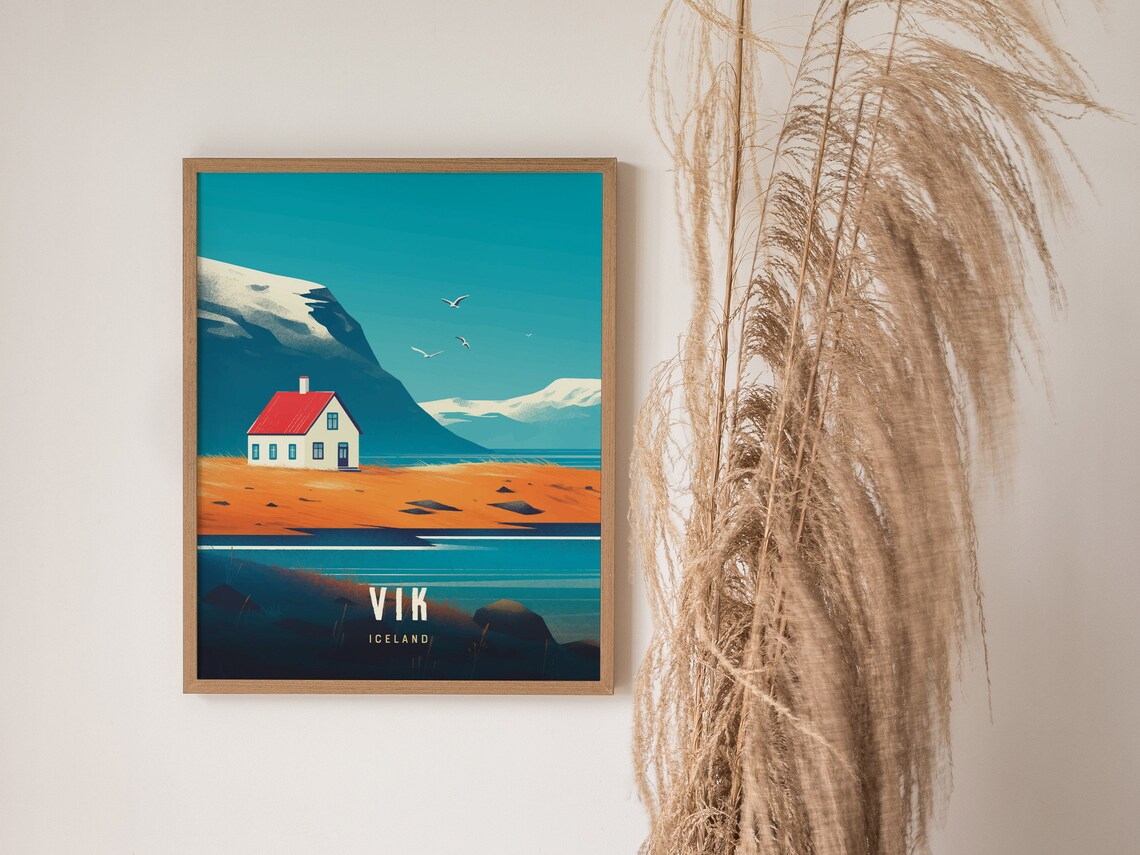 Vik Iceland Red Roof Cottage Snowy Mountain Coastal Travel Poster - Image 3