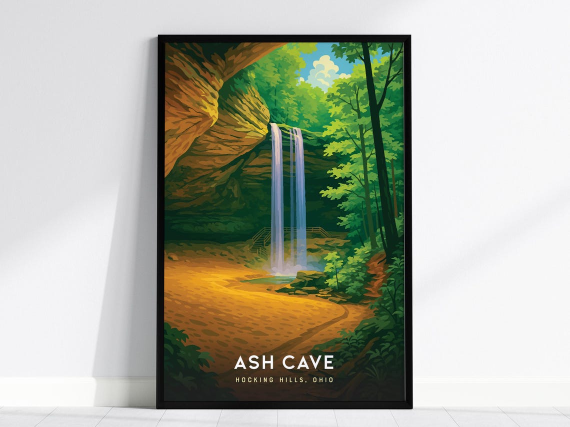 Ash Cave Hocking Hills Ohio Waterfall Cave Retro National Park Poster