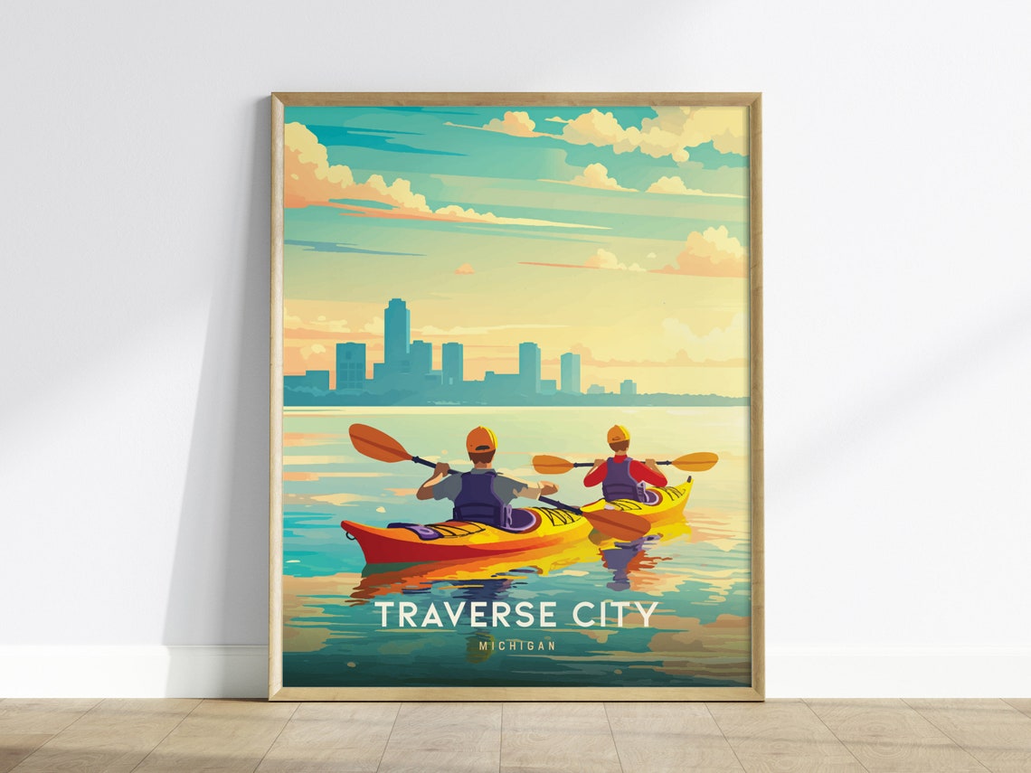 Traverse City Kayak Poster Michigan Waterfront Art Framedunframed