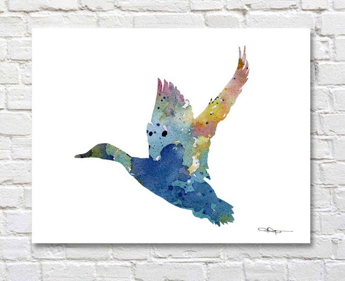 Blue Watercolor Mallard Duck in Flight Waterfowl Hunting Art Print