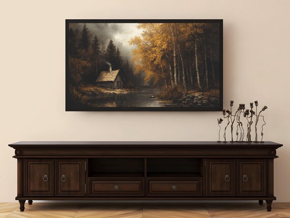 Golden Autumn Cabin Beside a Quiet Forest River Landscape Poster
